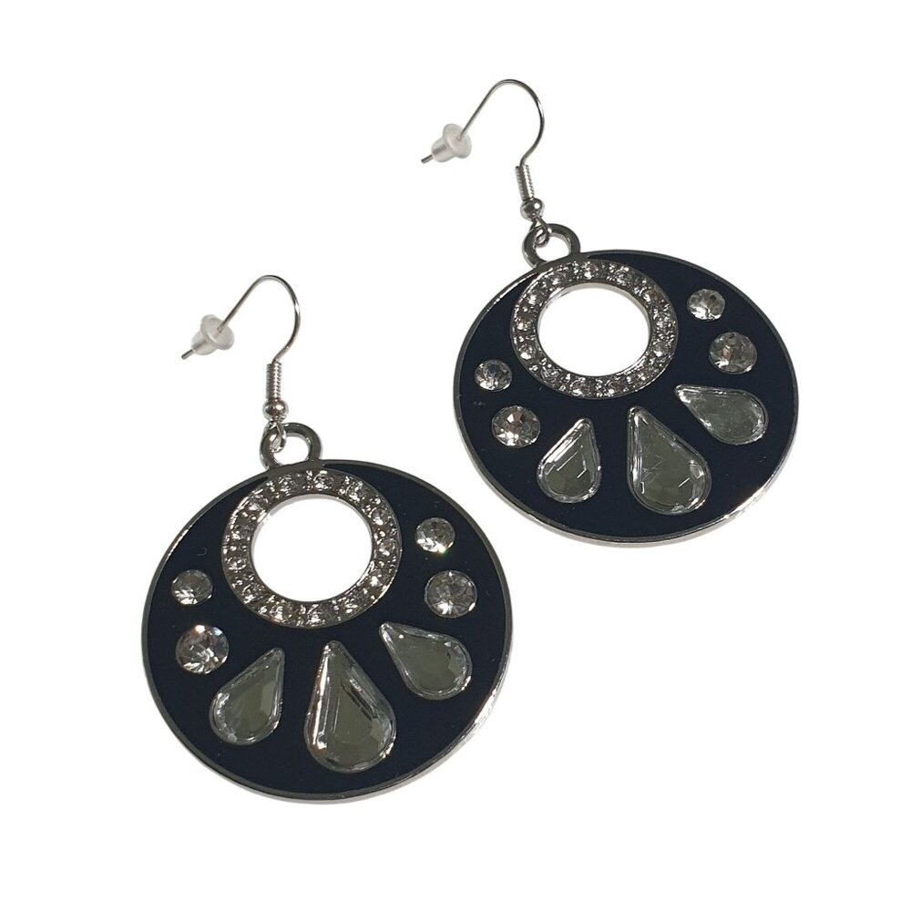 Circular Drop Earrings Rhinestone Teardrop Detail Black Silver Dangle Hoop Pair